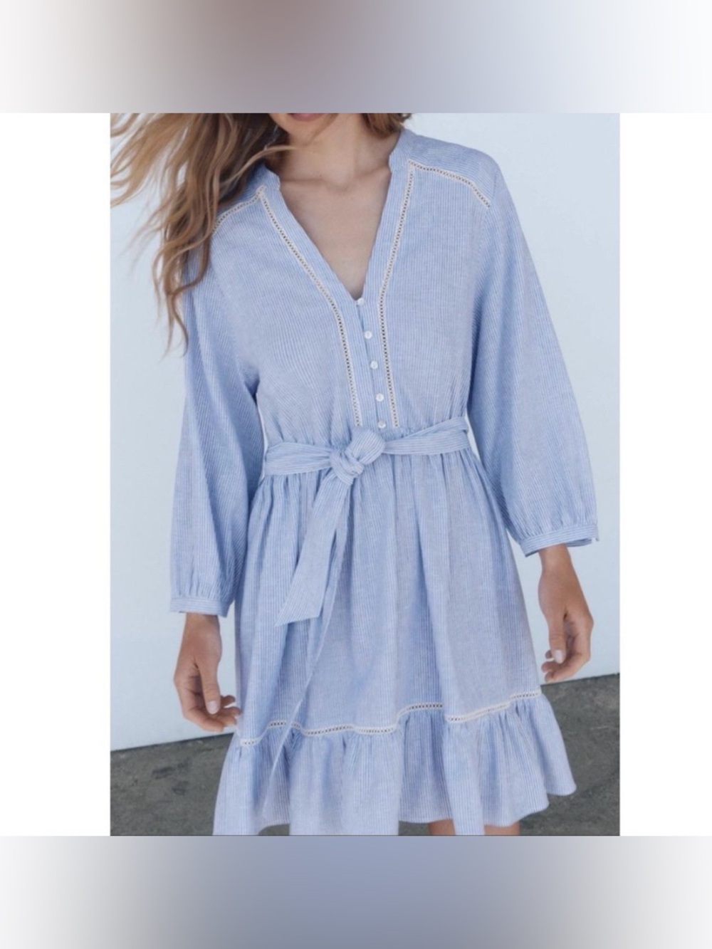 Zara Light Blue Tie-Waist Tiered Dress